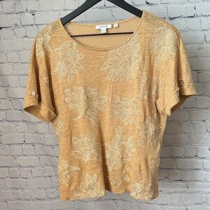 Chico's Mustard Yellow Floral Embroidered Linen Tee